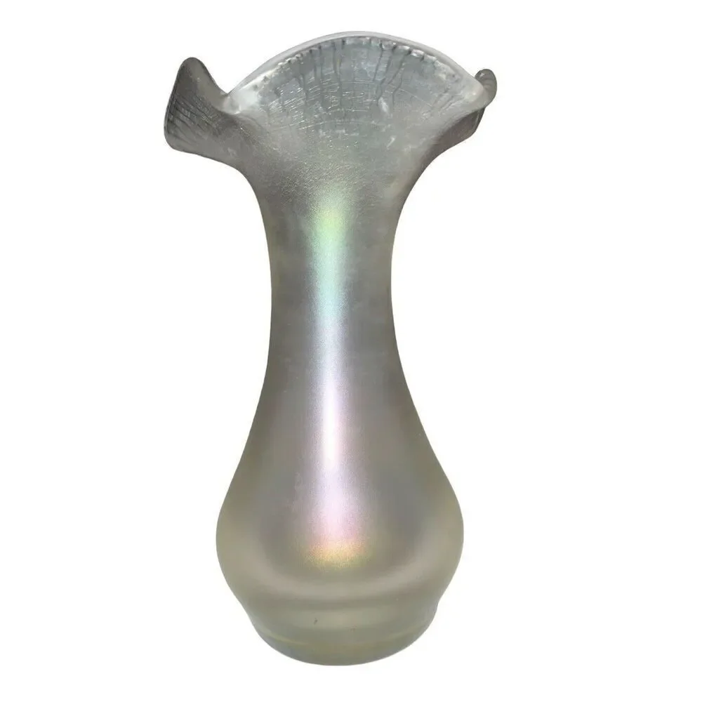 Vintage Iridescent Stretch Glass Ruffled Rim Vase7 3/4